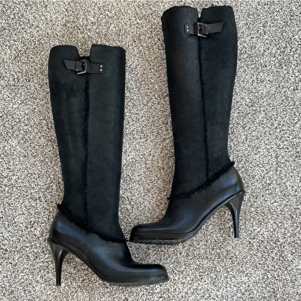 NEW Via Spiga Genuine Shearling & Leather Black Knee High Italian Boots Sz 7.5M